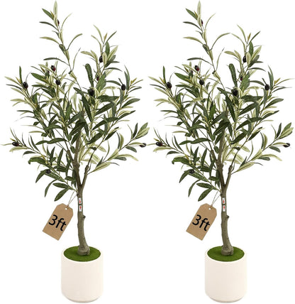 3FT Spherical Fake Olive Tree Artificial Indoor,Faux Olive Tree with Pot,Large Olive Branches and Lifelike Fruits,for Home Office House Living Room Decor.