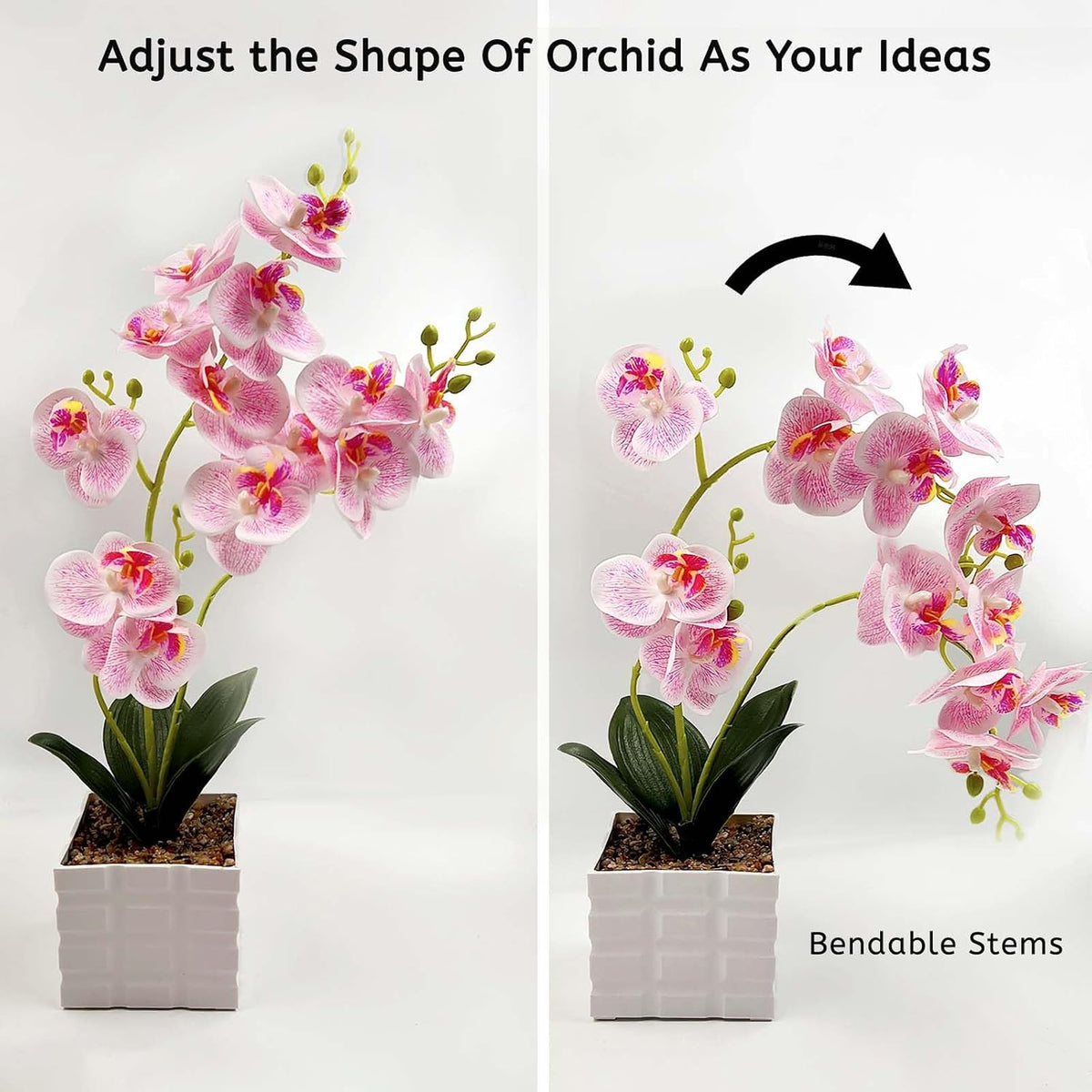 13-Heads Artificial Orchid Flower in Pot,50cm Silk Orchid Arrangement with Plastic Vase,Potted Pink Flowers,Silk Phalaenopsis Indoor Decor for Home Table Centerpiece