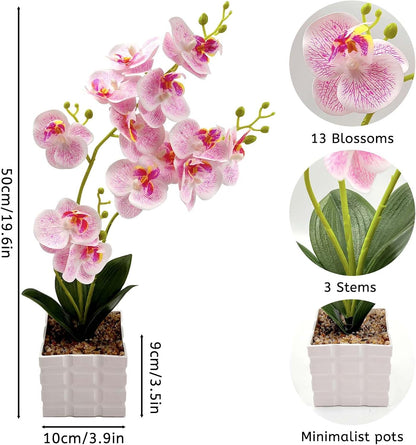 13-Heads Artificial Orchid Flower in Pot,50cm Silk Orchid Arrangement with Plastic Vase,Potted Pink Flowers,Silk Phalaenopsis Indoor Decor for Home Table Centerpiece