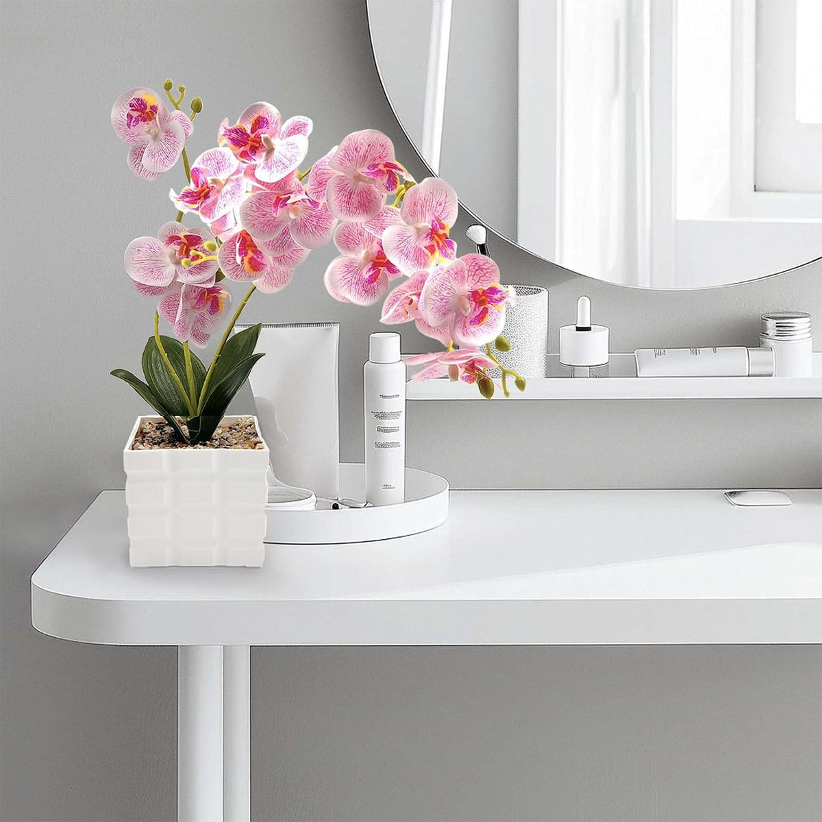 13-Heads Artificial Orchid Flower in Pot,50cm Silk Orchid Arrangement with Plastic Vase,Potted Pink Flowers,Silk Phalaenopsis Indoor Decor for Home Table Centerpiece
