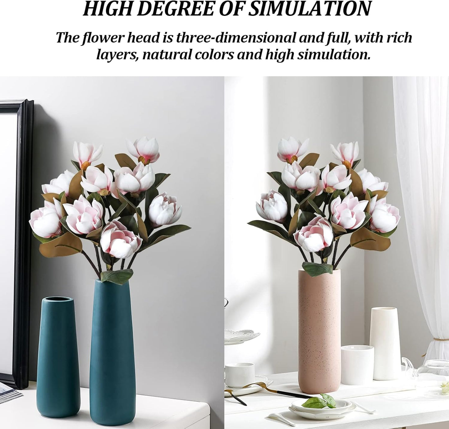 3Pcs Artificial Magnolia Flowers - 29.5" Long White Magnolia Stem Flower, Faux Wedding Flower Bouquet Vase Floral Arrangement for Table Centerpiece Wedding Holidays Party Home Decor