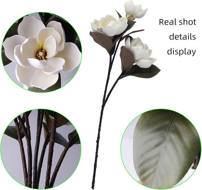 3Pcs Artificial Magnolia Flowers - 29.5" Long White Magnolia Stem Flower, Faux Wedding Flower Bouquet Vase Floral Arrangement for Table Centerpiece Wedding Holidays Party Home Decor