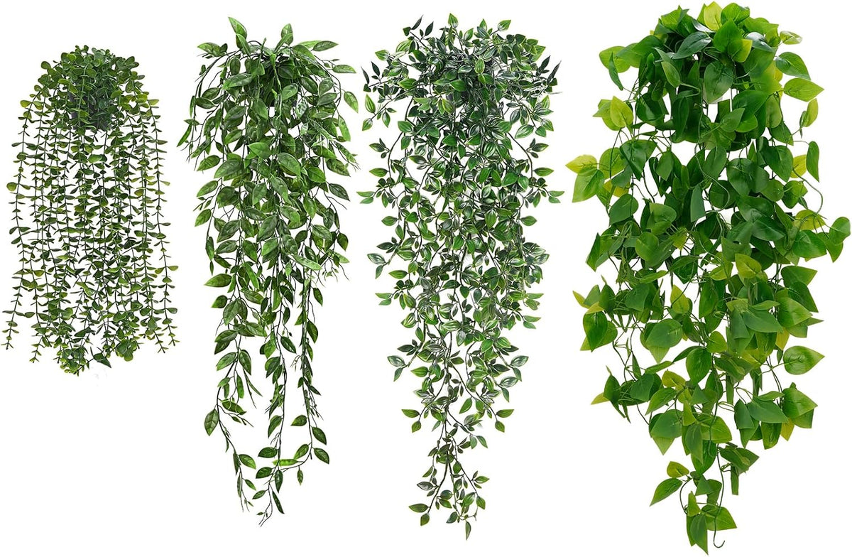 Fake Hanging Plants, Artificial Pothos Vines Faux Plants Greenery for Wall Home Living Room Office Indoor Outdoor Decor (No Baskets)
