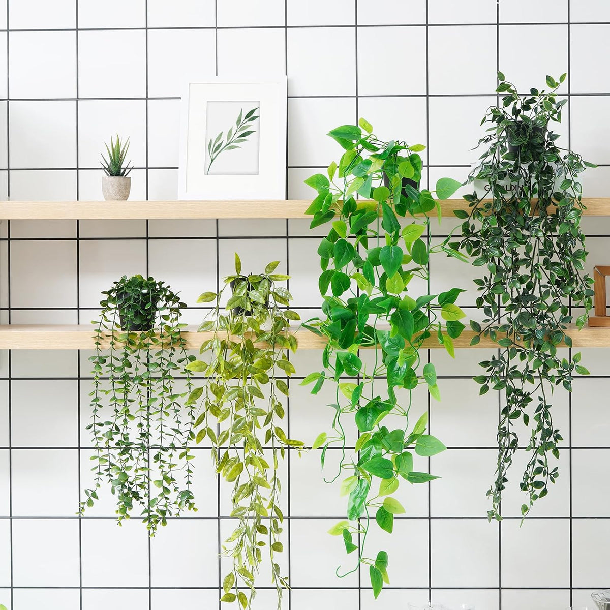Fake Hanging Plants, Artificial Pothos Vines Faux Plants Greenery for Wall Home Living Room Office Indoor Outdoor Decor (No Baskets)
