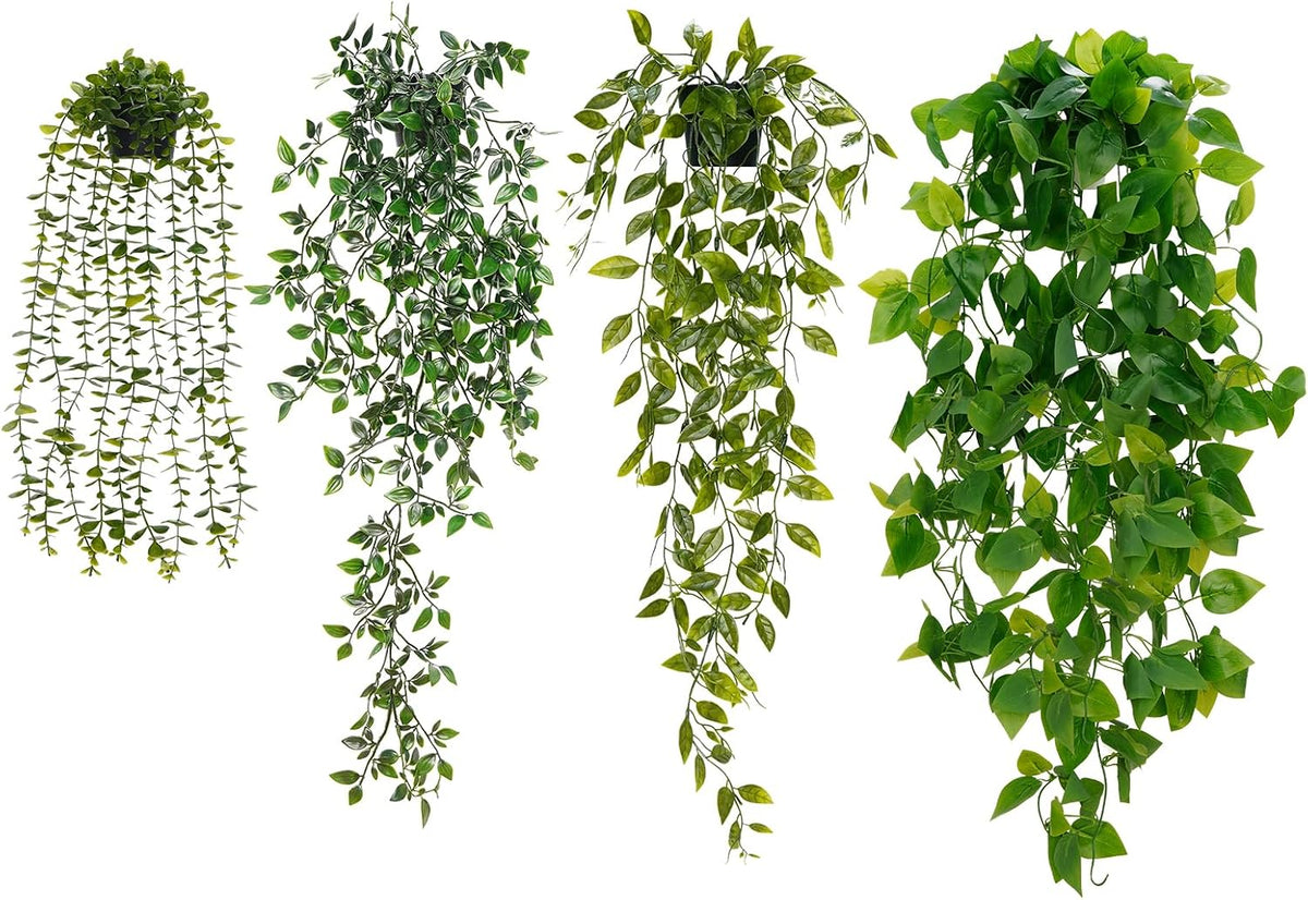 Fake Hanging Plants, Artificial Pothos Vines Faux Plants Greenery for Wall Home Living Room Office Indoor Outdoor Decor (No Baskets)