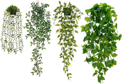 Fake Hanging Plants, Artificial Pothos Vines Faux Plants Greenery for Wall Home Living Room Office Indoor Outdoor Decor (No Baskets)
