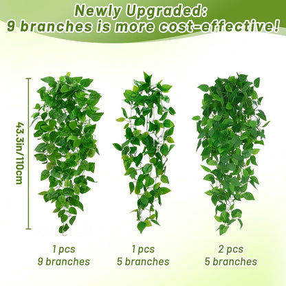Fake Hanging Plants, Artificial Pothos Vines Faux Plants Greenery for Wall Home Living Room Office Indoor Outdoor Decor (No Baskets)