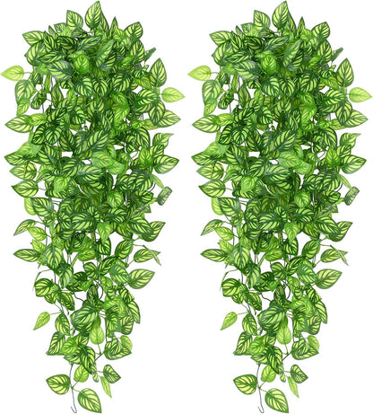 Fake Hanging Plants, Artificial Pothos Vines Faux Plants Greenery for Wall Home Living Room Office Indoor Outdoor Decor (No Baskets)