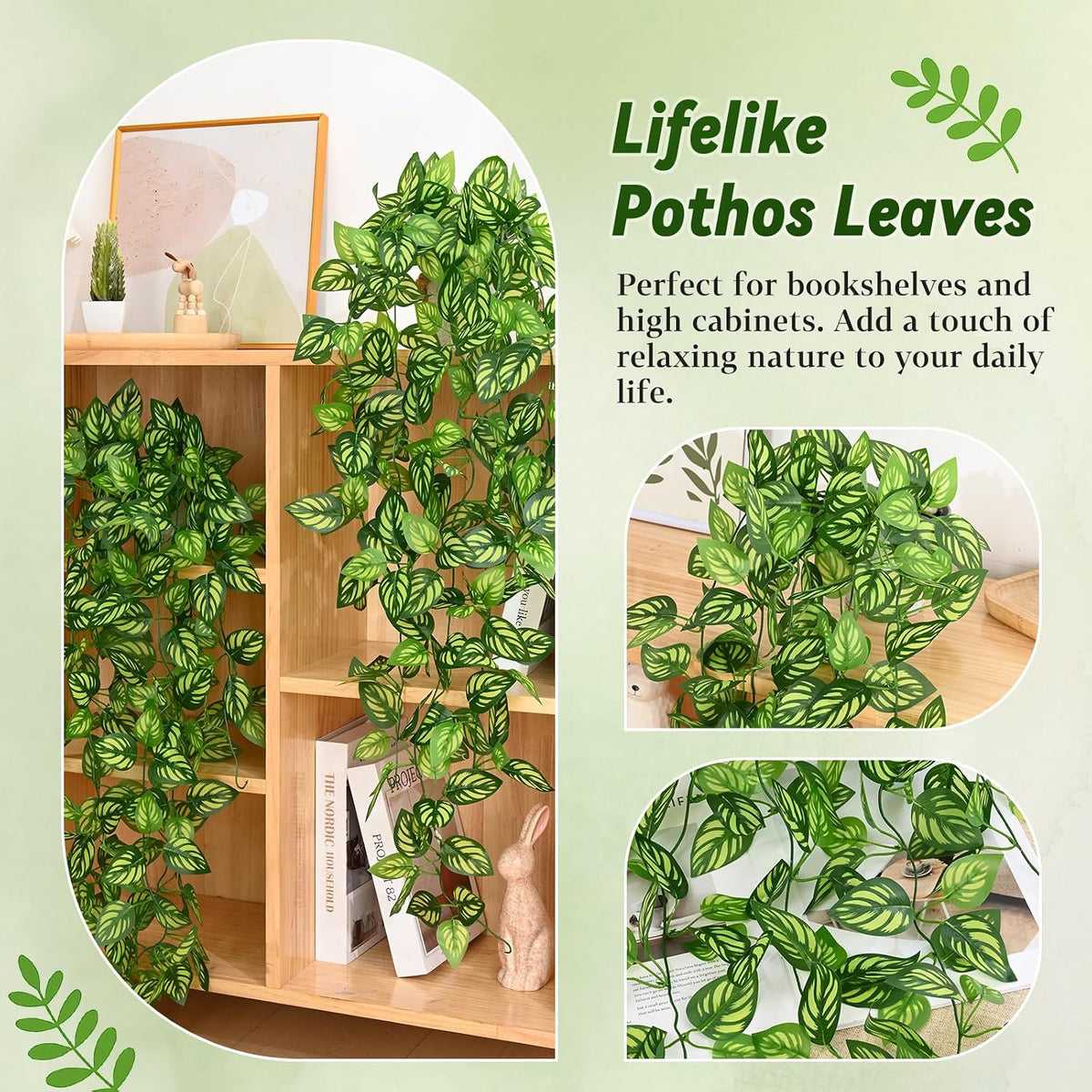 Fake Hanging Plants, Artificial Pothos Vines Faux Plants Greenery for Wall Home Living Room Office Indoor Outdoor Decor (No Baskets)