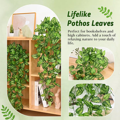 Fake Hanging Plants, Artificial Pothos Vines Faux Plants Greenery for Wall Home Living Room Office Indoor Outdoor Decor (No Baskets)