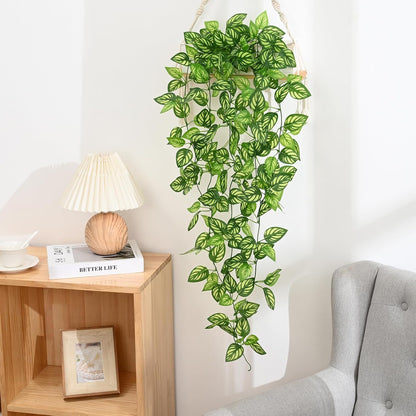Fake Hanging Plants, Artificial Pothos Vines Faux Plants Greenery for Wall Home Living Room Office Indoor Outdoor Decor (No Baskets)