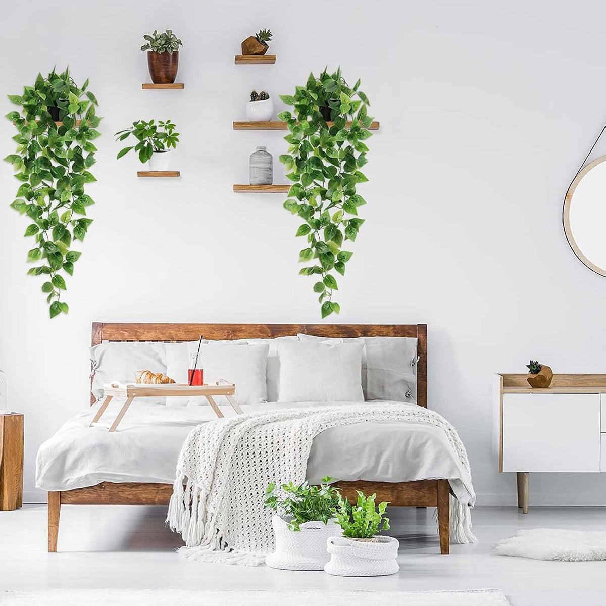 Fake Hanging Plants, Artificial Pothos Vines Faux Plants Greenery for Wall Home Living Room Office Indoor Outdoor Decor (No Baskets)