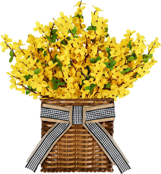 Yellow Forsythia Wreath Spring Door Hanger Basket Wreath, Artificial Spring Summer Flowers Wreathes with Green Leaves for Front Door Indoors Outdoor Decor Rustic and Farmhouse Yellow Wreathes