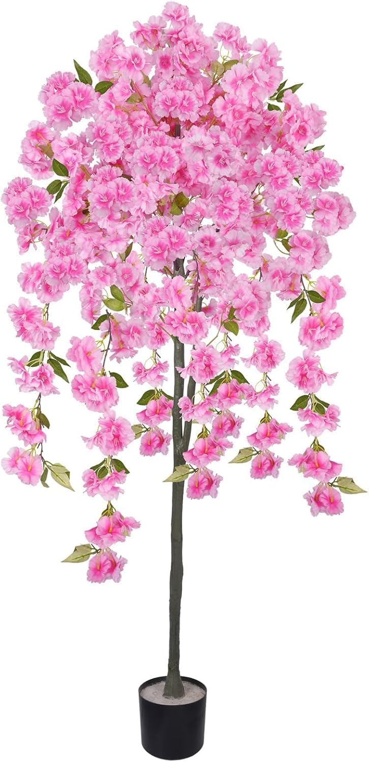 5FT Artificial Cherry Blossom Tree Faux Pink Tree Silk Sakura Tree with Plastic Moss Pot Artificial Trees for Home Decor Indoor Living Room Entryway Bedroom Office Sakura Decor
