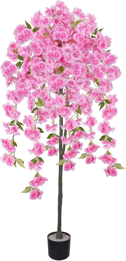 5FT Artificial Cherry Blossom Tree Faux Pink Tree Silk Sakura Tree with Plastic Moss Pot Artificial Trees for Home Decor Indoor Living Room Entryway Bedroom Office Sakura Decor