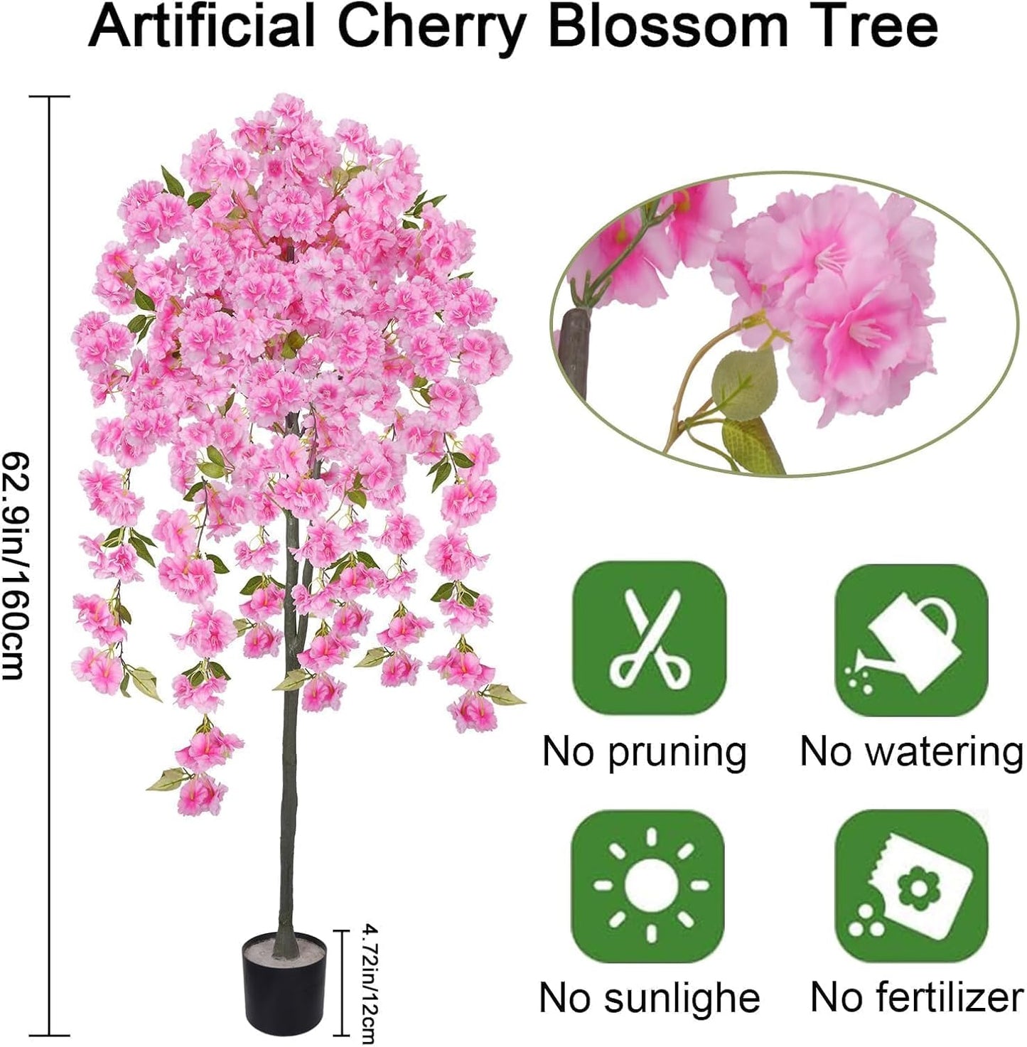 5FT Artificial Cherry Blossom Tree Faux Pink Tree Silk Sakura Tree with Plastic Moss Pot Artificial Trees for Home Decor Indoor Living Room Entryway Bedroom Office Sakura Decor