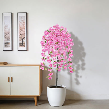 5FT Artificial Cherry Blossom Tree Faux Pink Tree Silk Sakura Tree with Plastic Moss Pot Artificial Trees for Home Decor Indoor Living Room Entryway Bedroom Office Sakura Decor