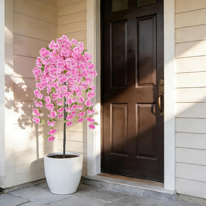 5FT Artificial Cherry Blossom Tree Faux Pink Tree Silk Sakura Tree with Plastic Moss Pot Artificial Trees for Home Decor Indoor Living Room Entryway Bedroom Office Sakura Decor