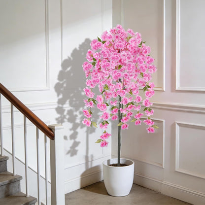 5FT Artificial Cherry Blossom Tree Faux Pink Tree Silk Sakura Tree with Plastic Moss Pot Artificial Trees for Home Decor Indoor Living Room Entryway Bedroom Office Sakura Decor