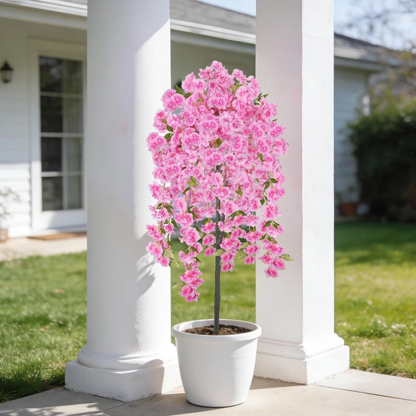 5FT Artificial Cherry Blossom Tree Faux Pink Tree Silk Sakura Tree with Plastic Moss Pot Artificial Trees for Home Decor Indoor Living Room Entryway Bedroom Office Sakura Decor