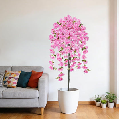 5FT Artificial Cherry Blossom Tree Faux Pink Tree Silk Sakura Tree with Plastic Moss Pot Artificial Trees for Home Decor Indoor Living Room Entryway Bedroom Office Sakura Decor