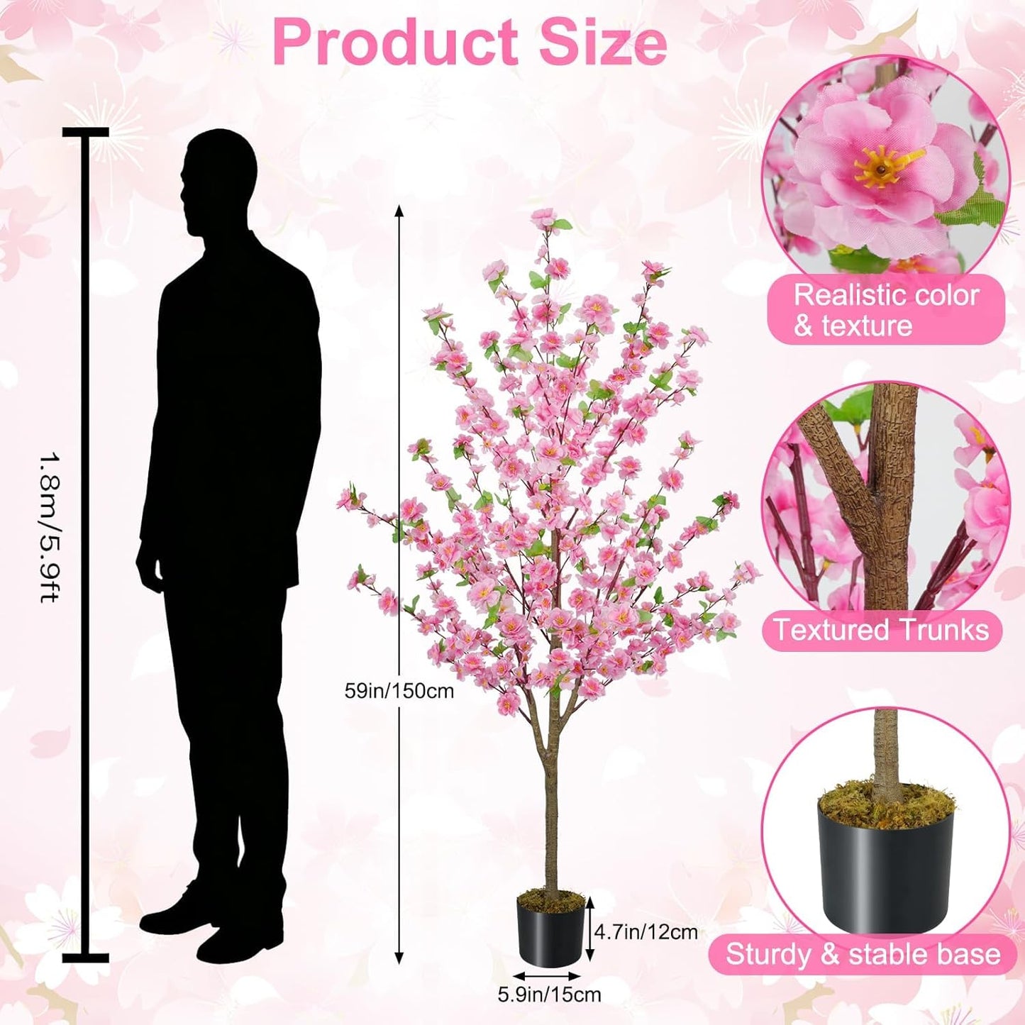 5FT Artificial Cherry Blossom Tree Faux Pink Tree Silk Sakura Tree with Plastic Moss Pot Artificial Trees for Home Decor Indoor Living Room Entryway Bedroom Office Sakura Decor