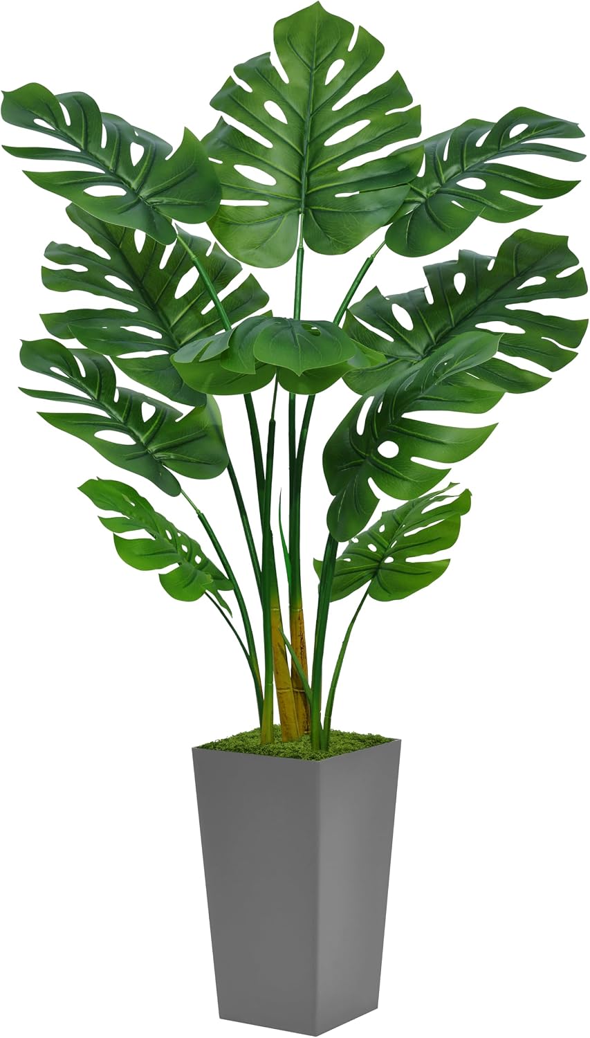 Artificial Monstera Deliciosa Plant 5FT - Faux Tropical Palm Tree with Black Tall Planter - Fake Swiss Cheese Floor Plant in Pot - Artificial Tree for Home Office Living Room Decor Indoor