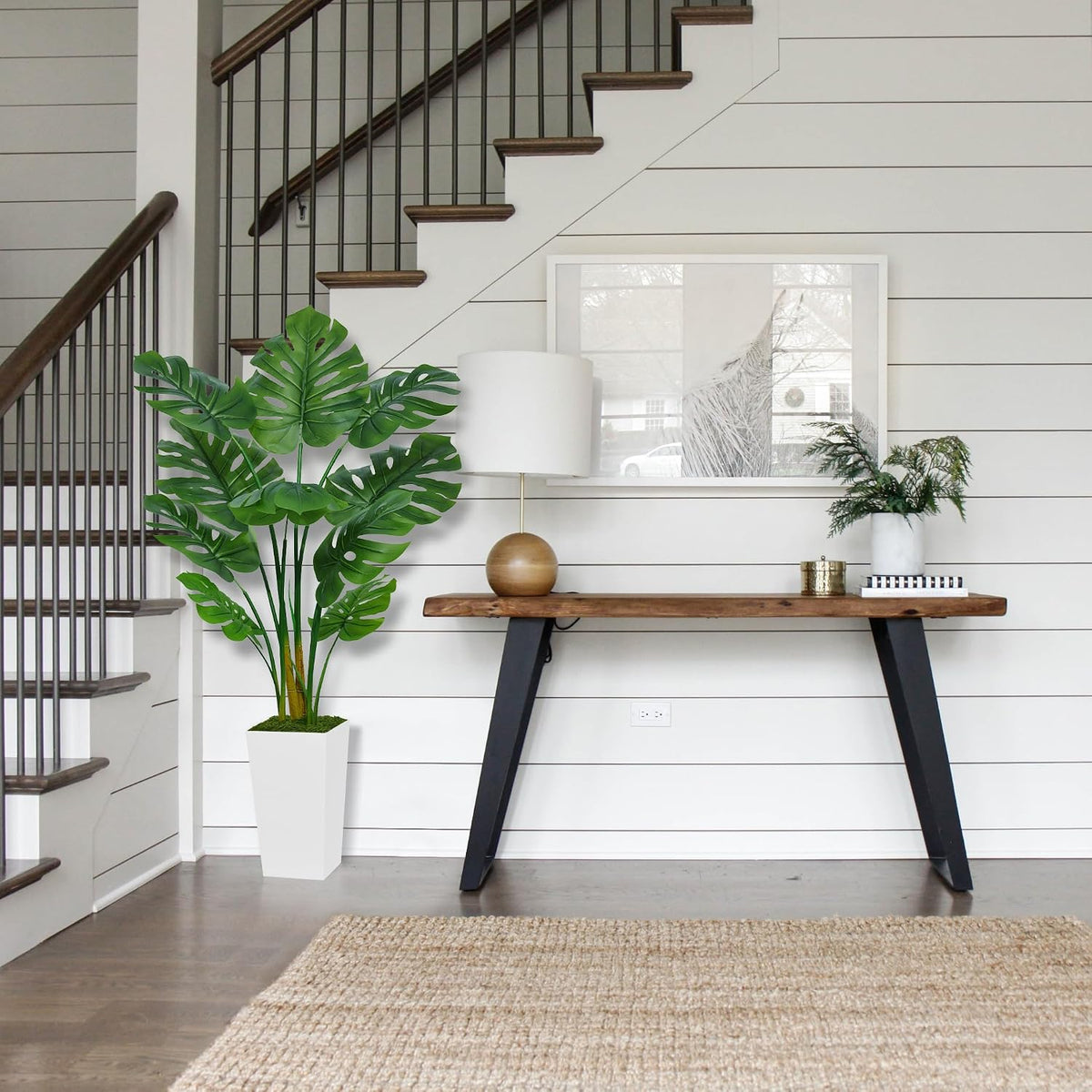 Artificial Monstera Deliciosa Plant 5FT - Faux Tropical Palm Tree with Black Tall Planter - Fake Swiss Cheese Floor Plant in Pot - Artificial Tree for Home Office Living Room Decor Indoor