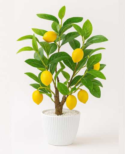 Artificial Lemon Tree with White Pot, 18” Faux Citrus Plant for Kitchen, Bathroom, Office or Shelf Decor, Vibrant Year-Round Home Accent Gift