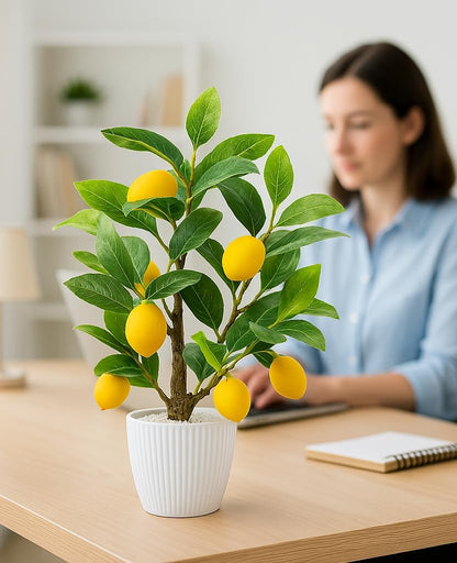 Artificial Lemon Tree with White Pot, 18” Faux Citrus Plant for Kitchen, Bathroom, Office or Shelf Decor, Vibrant Year-Round Home Accent Gift