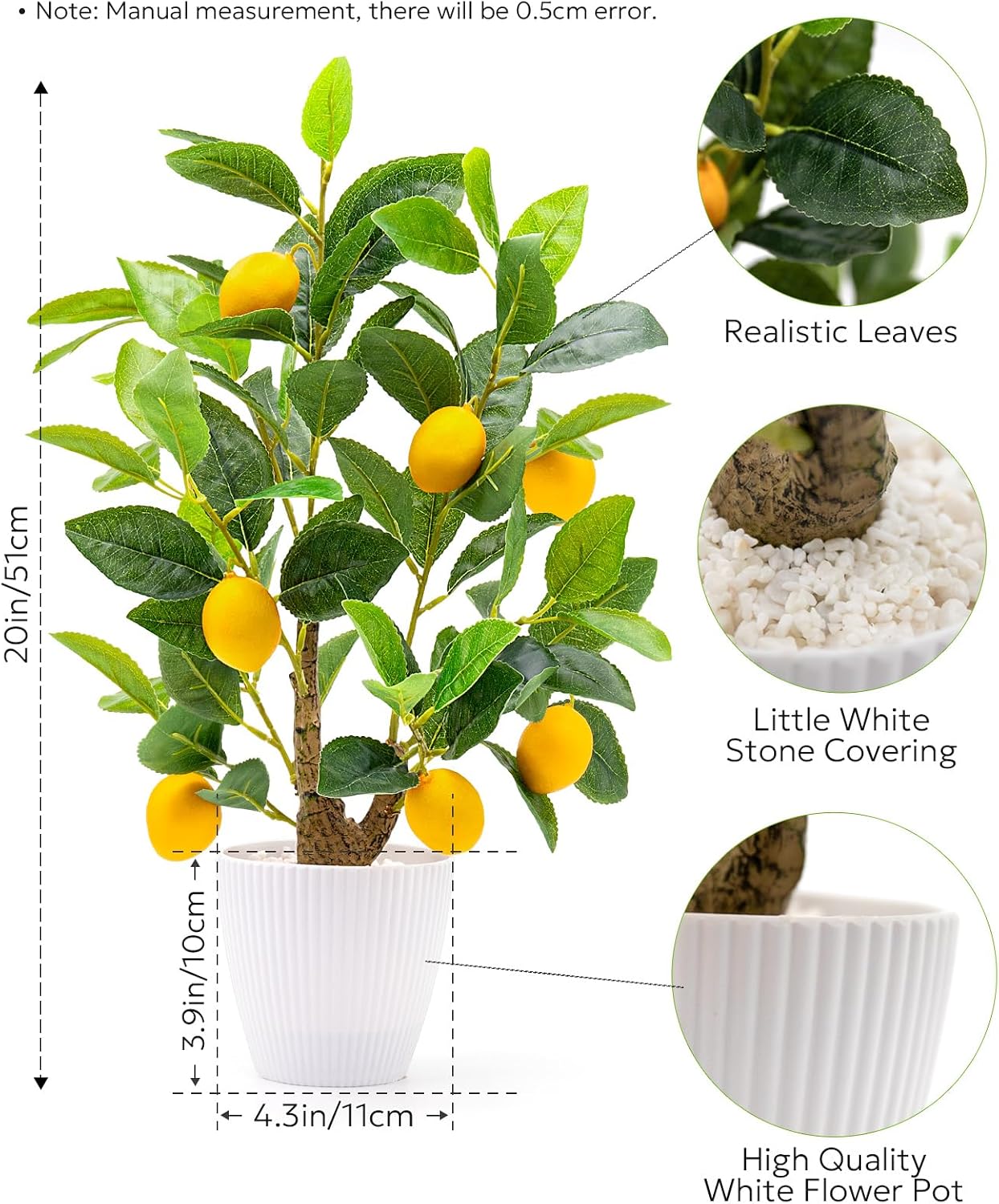 Artificial Lemon Tree with White Pot, 18” Faux Citrus Plant for Kitchen, Bathroom, Office or Shelf Decor, Vibrant Year-Round Home Accent Gift