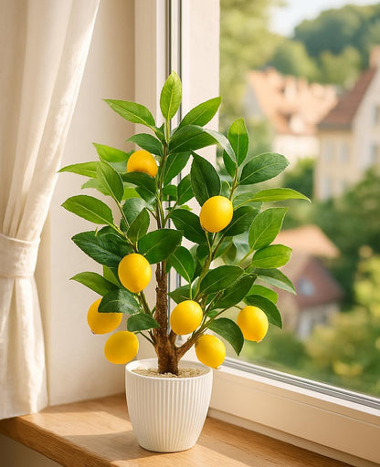 Artificial Lemon Tree with White Pot, 18” Faux Citrus Plant for Kitchen, Bathroom, Office or Shelf Decor, Vibrant Year-Round Home Accent Gift