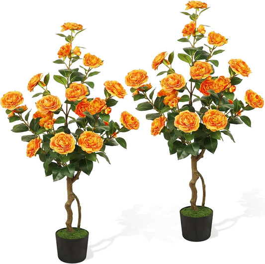 Artificial Camellia Tree 2 Pack, 42'' Faux Camellia Plant in Pot with 24 Blooming Flowers, Fake Greenery Potted Plant for Indoor Outdoor Home Floor Office Porch Decor (Orange)