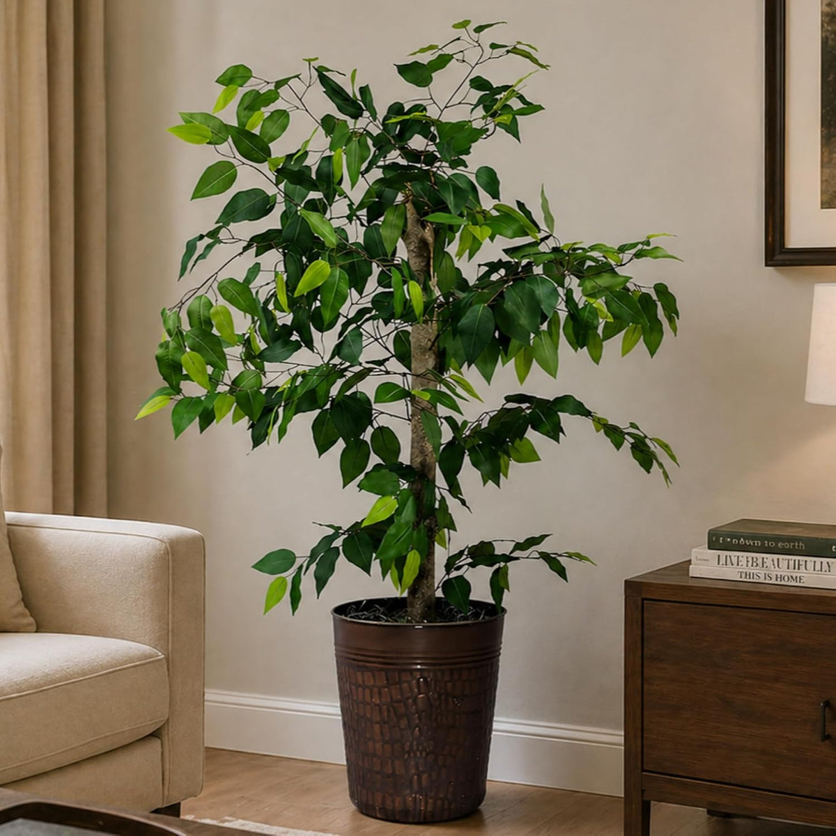 Artificial Tree 4ft Artificial Ficus Tree in Copper Metal Pot – Faux Indoor Plant with Real Wood Trunk, Fully Assembled for Living Room, Office & Entryway Décor