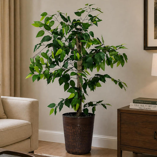 Artificial Tree 4ft Artificial Ficus Tree in Copper Metal Pot – Faux Indoor Plant with Real Wood Trunk, Fully Assembled for Living Room, Office & Entryway Décor