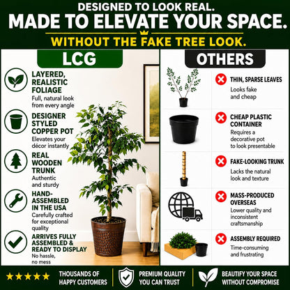 Artificial Tree 4ft Artificial Ficus Tree in Copper Metal Pot – Faux Indoor Plant with Real Wood Trunk, Fully Assembled for Living Room, Office & Entryway Décor