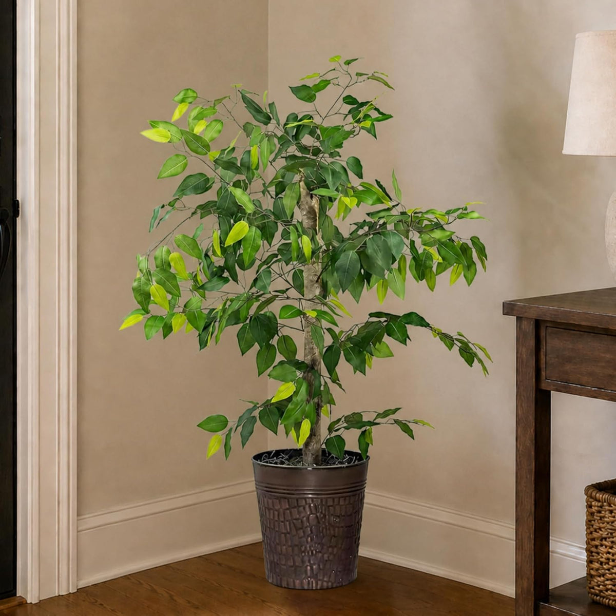 Artificial Tree 4ft Artificial Ficus Tree in Copper Metal Pot – Faux Indoor Plant with Real Wood Trunk, Fully Assembled for Living Room, Office & Entryway Décor