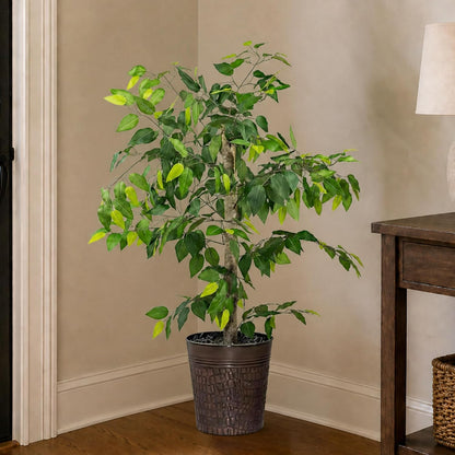 Artificial Tree 4ft Artificial Ficus Tree in Copper Metal Pot – Faux Indoor Plant with Real Wood Trunk, Fully Assembled for Living Room, Office & Entryway Décor