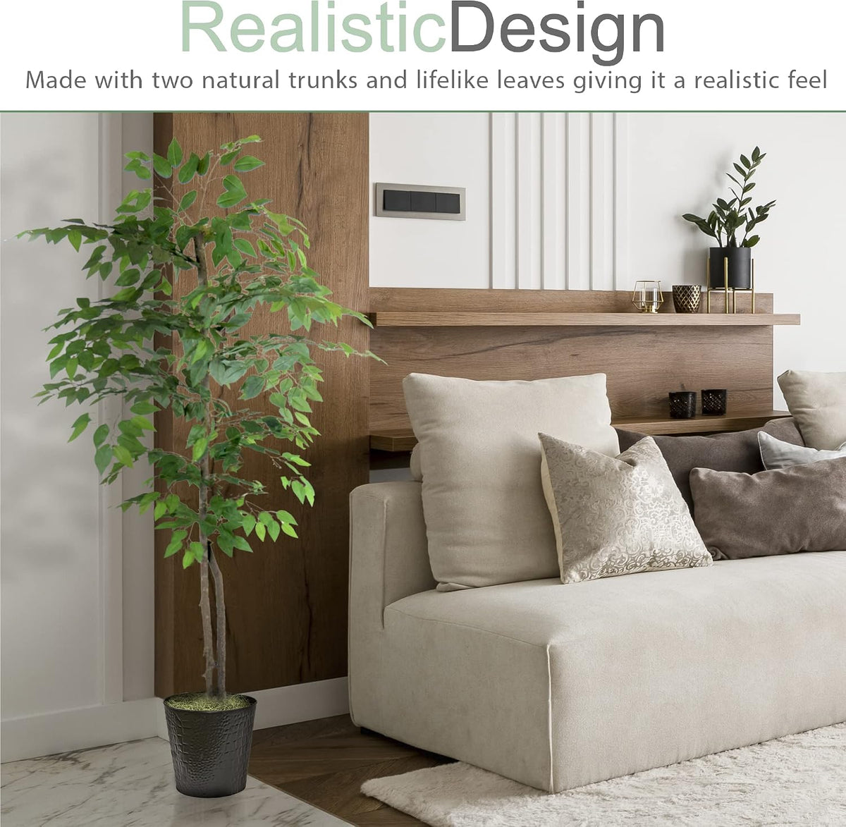 Artificial Tree 4ft Artificial Ficus Tree in Copper Metal Pot – Faux Indoor Plant with Real Wood Trunk, Fully Assembled for Living Room, Office & Entryway Décor