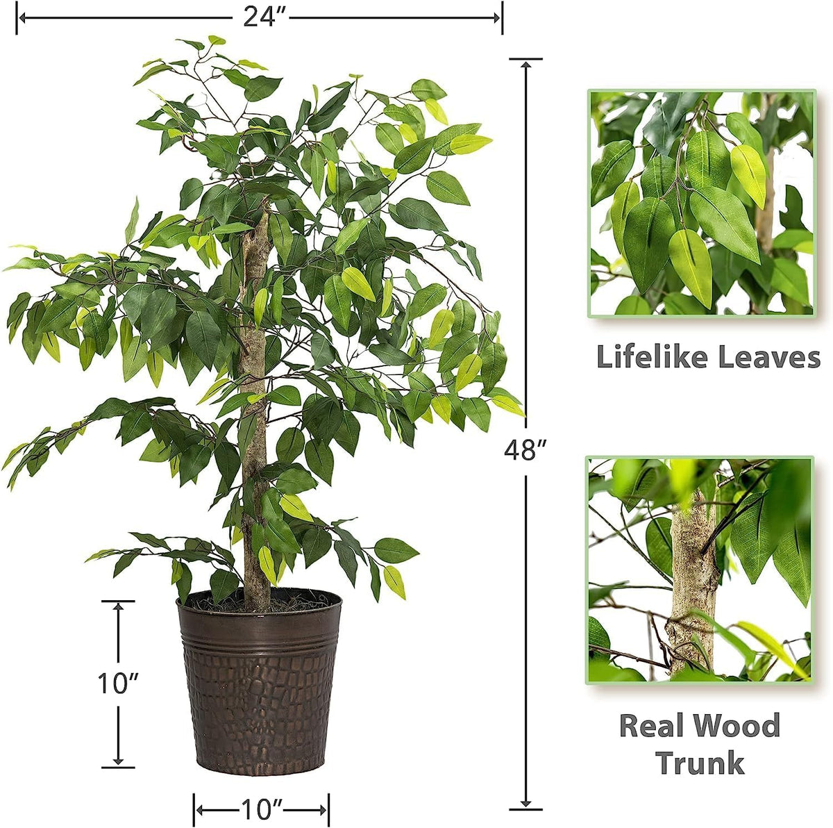 Artificial Tree 4ft Artificial Ficus Tree in Copper Metal Pot – Faux Indoor Plant with Real Wood Trunk, Fully Assembled for Living Room, Office & Entryway Décor