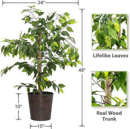 Artificial Tree 4ft Artificial Ficus Tree in Copper Metal Pot – Faux Indoor Plant with Real Wood Trunk, Fully Assembled for Living Room, Office & Entryway Décor