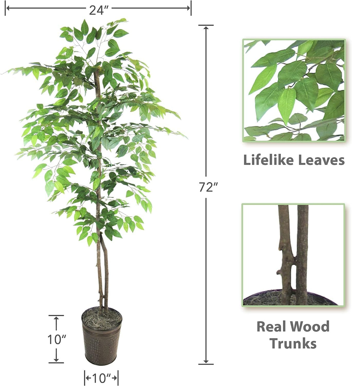 Artificial Tree 4ft Artificial Ficus Tree in Copper Metal Pot – Faux Indoor Plant with Real Wood Trunk, Fully Assembled for Living Room, Office & Entryway Décor