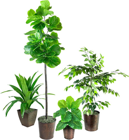 Artificial Tree 4ft Artificial Ficus Tree in Copper Metal Pot – Faux Indoor Plant with Real Wood Trunk, Fully Assembled for Living Room, Office & Entryway Décor