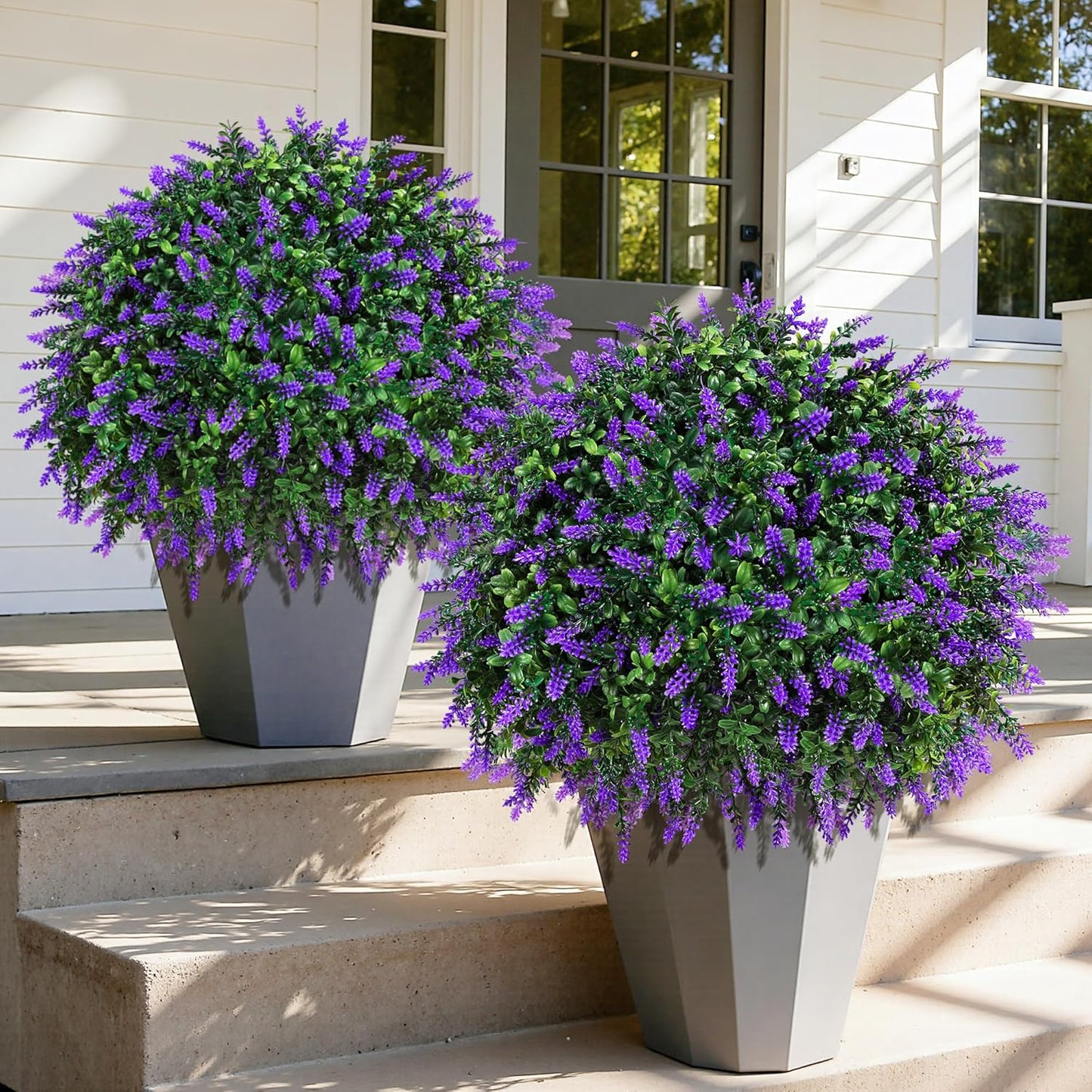 HyeFlora 26'' Artificial Topiary Boxwood Ball Trees with Lavender 2 Pack Fake Plants for Outdoor Indoor Artificial Shrubs with Ground Spike UV Resistant Fake Bushes for Front Porch Garden (Purple)