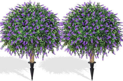 HyeFlora 26'' Artificial Topiary Boxwood Ball Trees with Lavender 2 Pack Fake Plants for Outdoor Indoor Artificial Shrubs with Ground Spike UV Resistant Fake Bushes for Front Porch Garden (Purple)