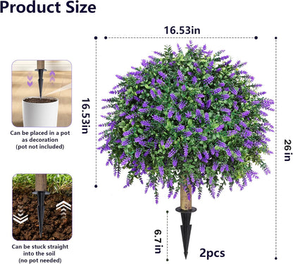 HyeFlora 26'' Artificial Topiary Boxwood Ball Trees with Lavender 2 Pack Fake Plants for Outdoor Indoor Artificial Shrubs with Ground Spike UV Resistant Fake Bushes for Front Porch Garden (Purple)