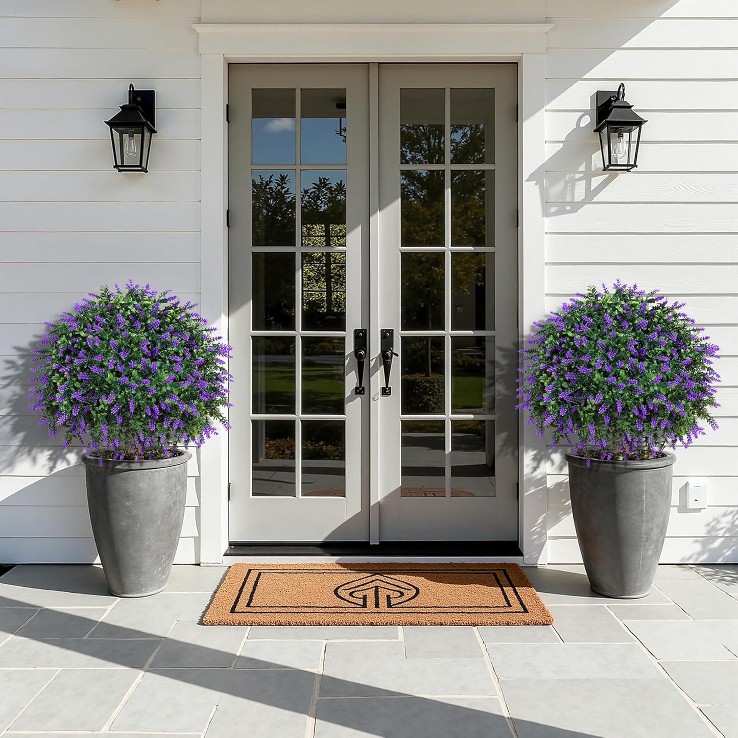 HyeFlora 26'' Artificial Topiary Boxwood Ball Trees with Lavender 2 Pack Fake Plants for Outdoor Indoor Artificial Shrubs with Ground Spike UV Resistant Fake Bushes for Front Porch Garden (Purple)