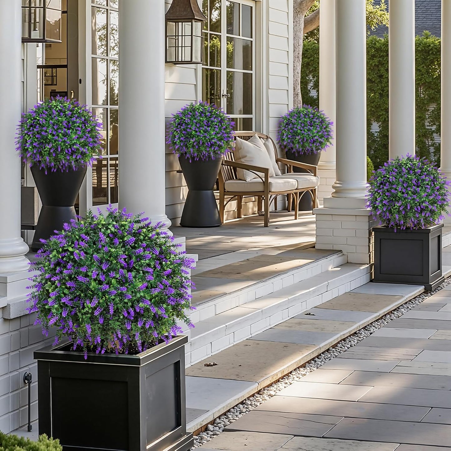 HyeFlora 26'' Artificial Topiary Boxwood Ball Trees with Lavender 2 Pack Fake Plants for Outdoor Indoor Artificial Shrubs with Ground Spike UV Resistant Fake Bushes for Front Porch Garden (Purple)