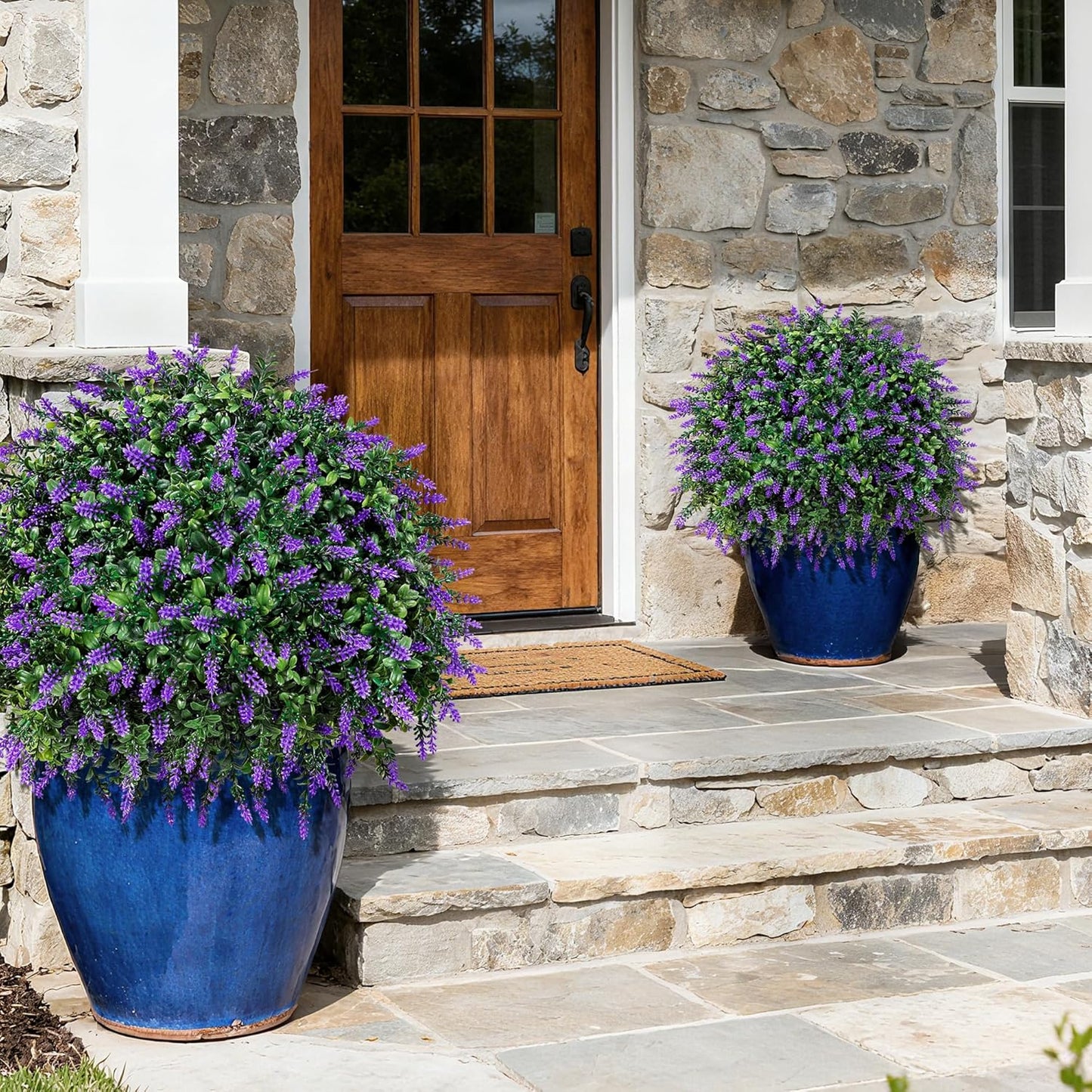 HyeFlora 26'' Artificial Topiary Boxwood Ball Trees with Lavender 2 Pack Fake Plants for Outdoor Indoor Artificial Shrubs with Ground Spike UV Resistant Fake Bushes for Front Porch Garden (Purple)