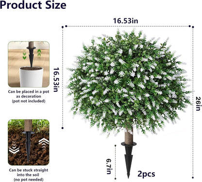 HyeFlora 26'' Artificial Topiary Boxwood Ball Trees with Lavender 2 Pack Fake Plants for Outdoor Indoor Artificial Shrubs with Ground Spike UV Resistant Fake Bushes for Front Porch Garden (Purple)